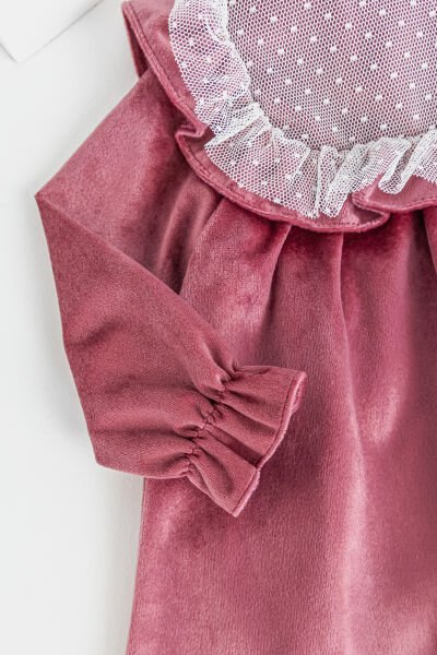 Yakası Tül Detaylı Kadife Bebek Elbise