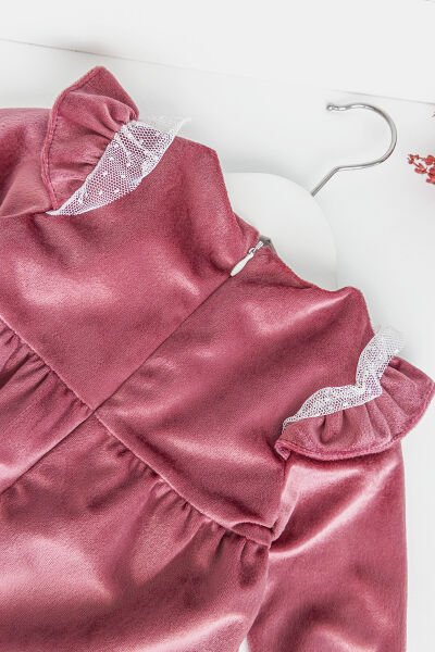 Yakası Tül Detaylı Kadife Bebek Elbise