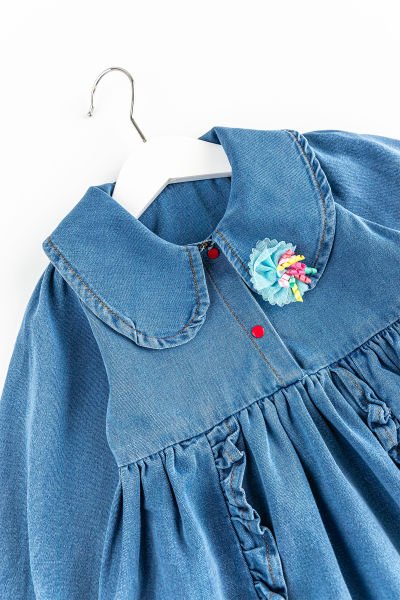 Bebe Yakalı Fırfırlı Denim Kız Bebek Elbise Kot Elbise