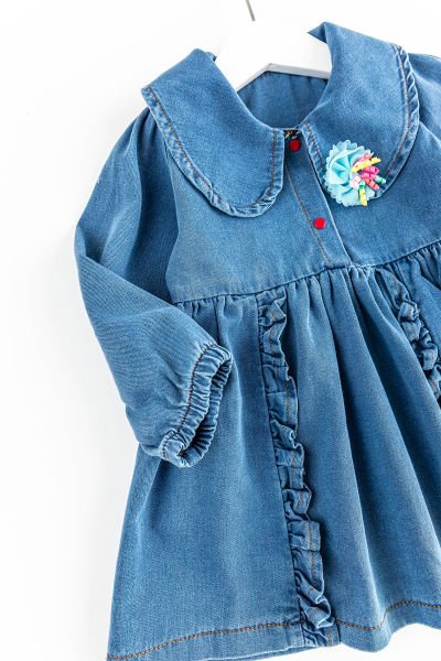 Bebe Yakalı Fırfırlı Denim Kız Bebek Elbise Kot Elbise