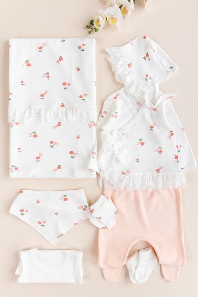Naturel Çiçek Desenli 8 li Kız Bebek Hastane Çıkşı Bebek Takımı