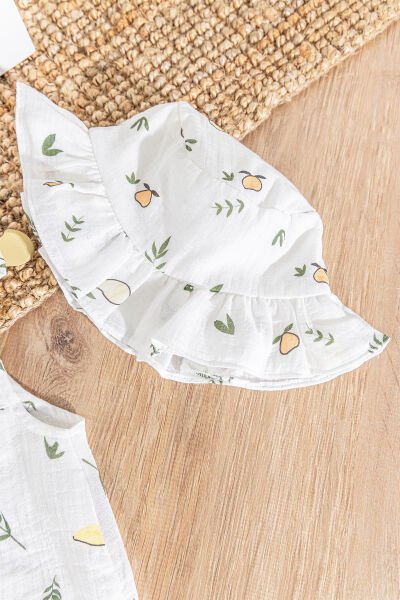 Fırfırlı Şapkalı Yazlık Müslin Kız Bebek Tulum KREM -  0-3 AY