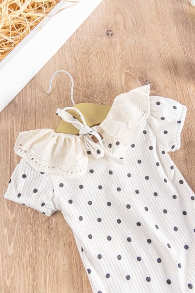 Puantiye Desenli Güpürlü 2'li Kız Bebek Tulum Takım