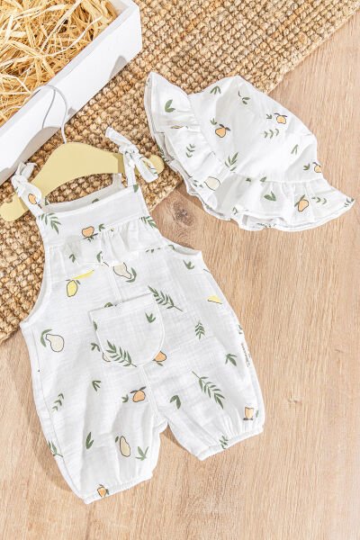 Fırfırlı Şapkalı Yazlık Müslin Kız Bebek Tulum KREM - 3-6 AY