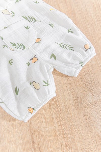 Fırfırlı Şapkalı Yazlık Müslin Kız Bebek Tulum KREM - 3-6 AY