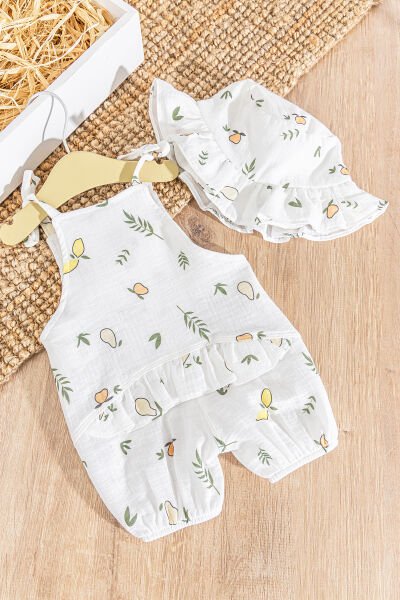 Fırfırlı Şapkalı Yazlık Müslin Kız Bebek Tulum KREM -  9-12 AY