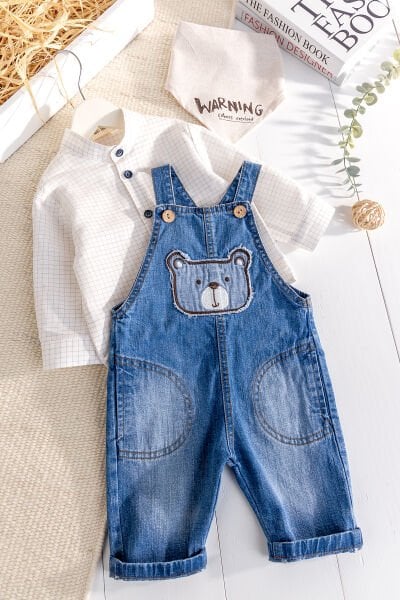 Denim 3'lü Erkek Bebek Salopet Kot Tulum Takım