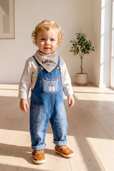 Denim 3'lü Erkek Bebek Salopet Kot Tulum Takım