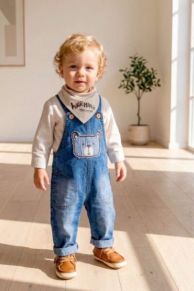Denim 3'lü Erkek Bebek Salopet Kot Tulum Takım
