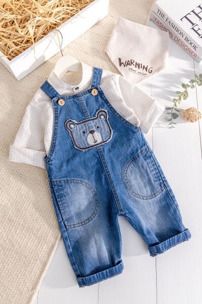 Denim 3'lü Erkek Bebek Salopet Kot Tulum Takım