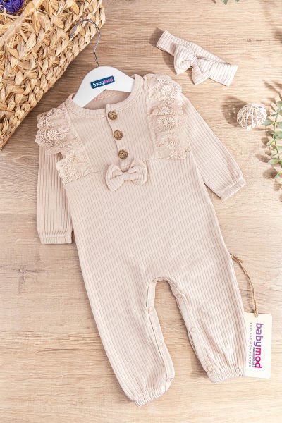 Natural Güpürlü Fiyonk Bandanalı Kız Bebek Tulum