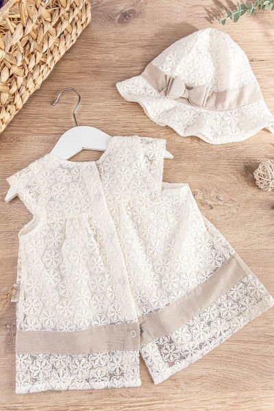 Güpürlü Şapkalı Kız Bebek Yazlık Elbise