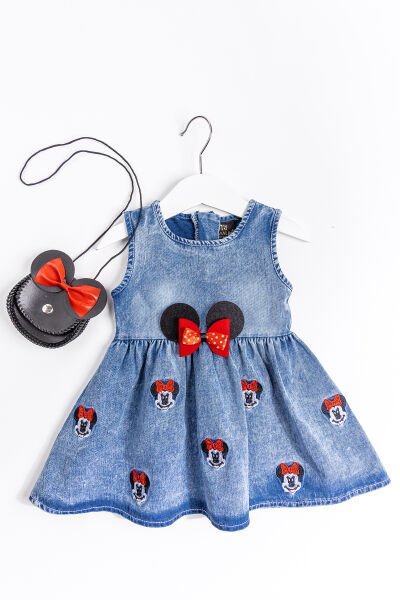 Denim Kumaş Fiyonklu Çantalı Bebek Elbise