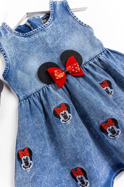 Denim Kumaş Fiyonklu Çantalı Bebek Elbise
