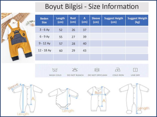 Ayıcık İşlemeli Erkek Bebek Tulum Salopet Takım Hardal Sarısı -  12-18 AY