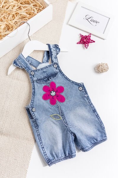 Papatya İşlemeli Denim Kumaş Kız Bebek Salopet Bebek Tulum
