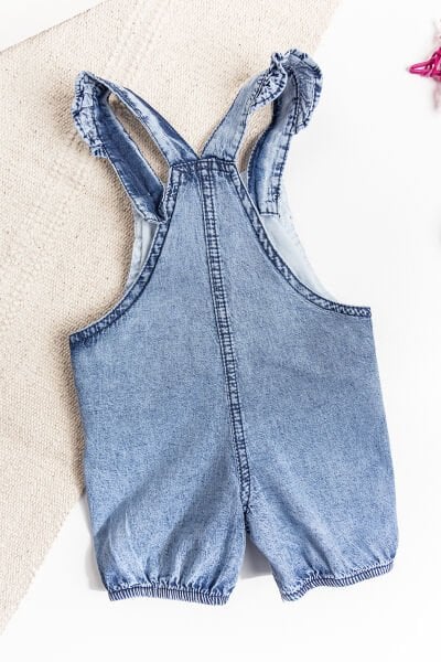 Papatya İşlemeli Denim Kumaş Kız Bebek Salopet Bebek Tulum