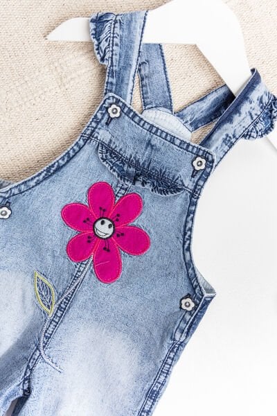 Papatya İşlemeli Denim Kumaş Kız Bebek Salopet Bebek Tulum