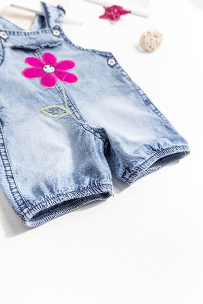 Papatya İşlemeli Denim Kumaş Kız Bebek Salopet Bebek Tulum