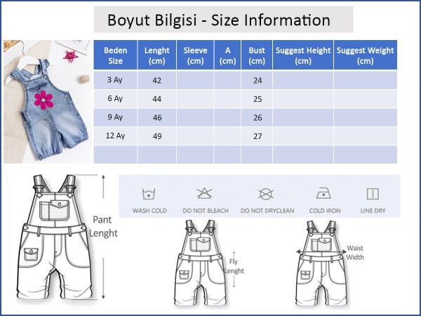 Papatya İşlemeli Denim Kumaş Kız Bebek Salopet Bebek Tulum