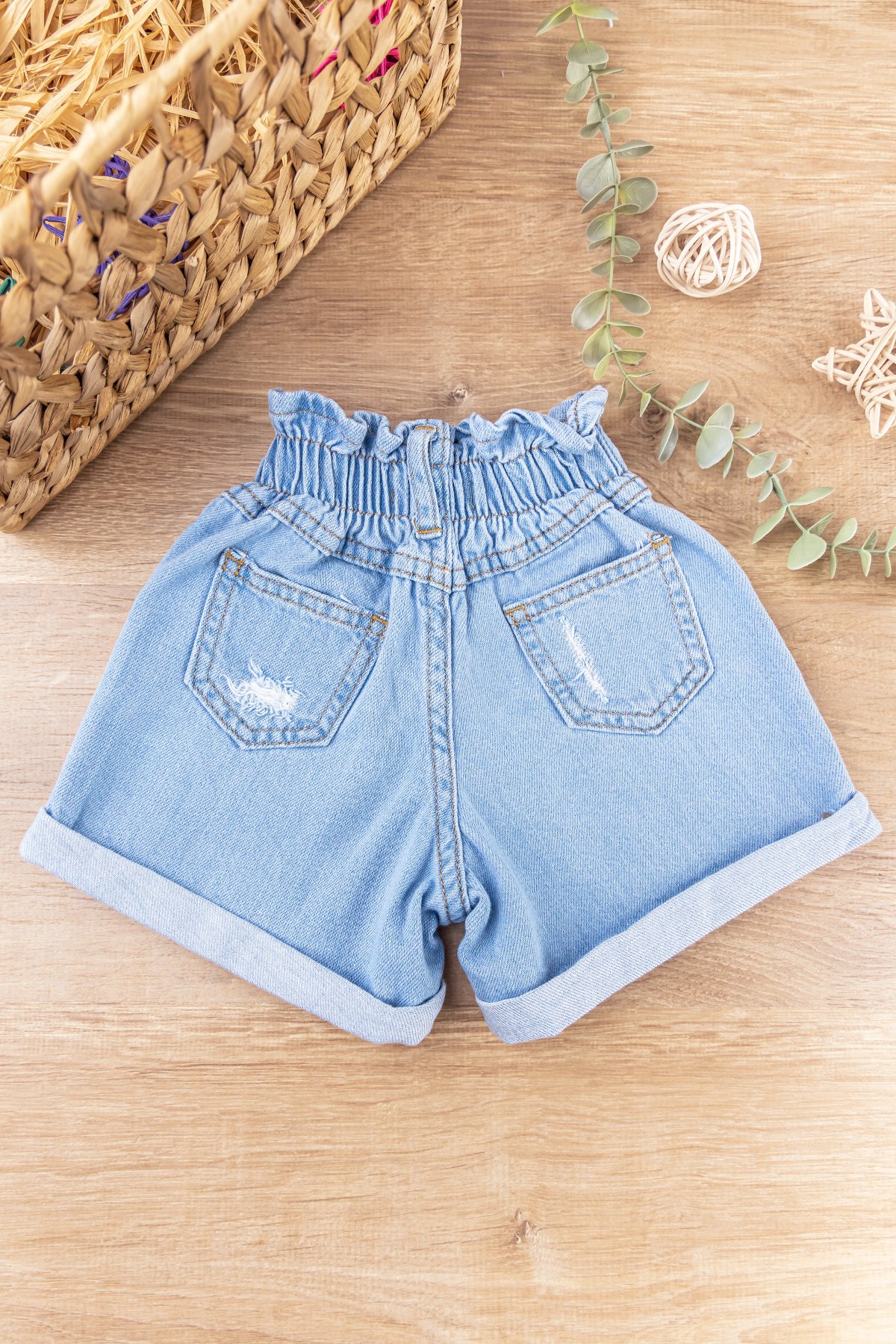 Yüksek Bel Denim Kumaş Kız Bebek/Çocuk Kot Şort