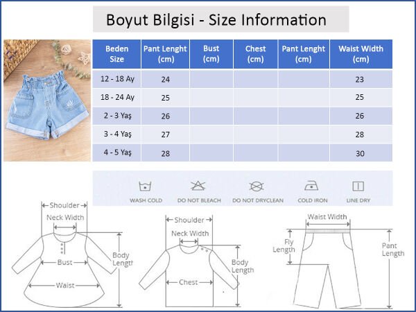 Yüksek Bel Denim Kumaş Kız Bebek/Çocuk Kot Şort