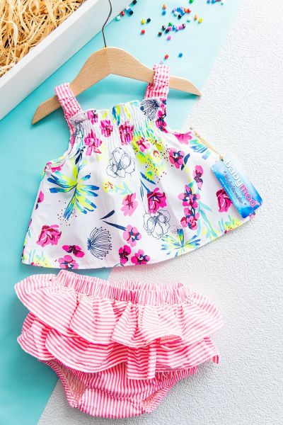 Çiçek Desenli Yazlık İkili Kız Bebek Takım