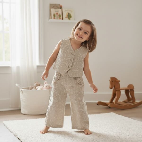 Kabartma Desenli Şık Yelekli 2'li Kız Çocuk Takım Set