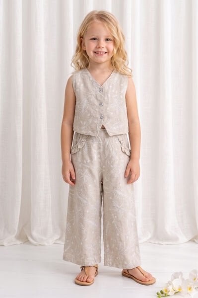 Kabartma Desenli Şık Yelekli 2'li Kız Çocuk Takım Set