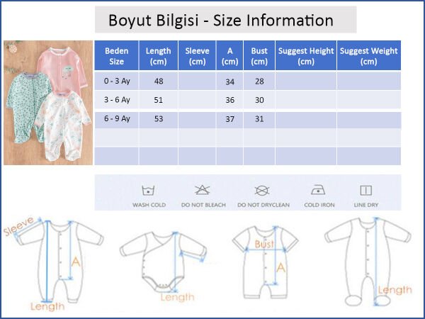 Gökyüzü Temalı Uzun Kollu 3'lü Kız Bebek Tulum Takım