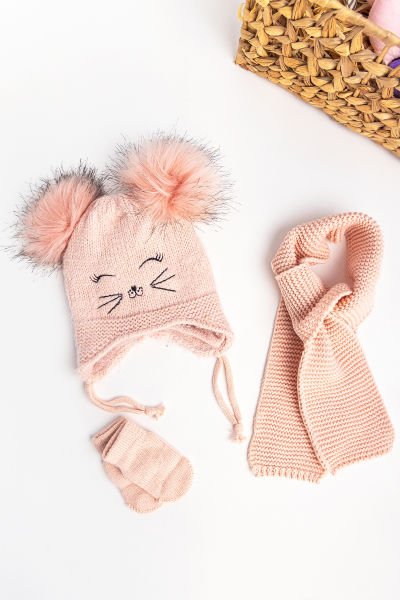 Kedi Figürlü Üçlü Kız Bebek Atkı Bere Eldiven Takımı SOMON - 0-18 Ay