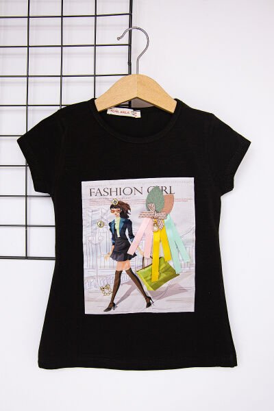 Kız Baskılı Siyah Kız Çocuk Body T-shirt