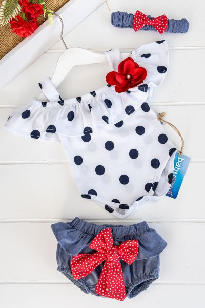 Puantiye Desenli Bandanalı Kız Bebek Tulum Takım KIRMIZI -  12-18 AY