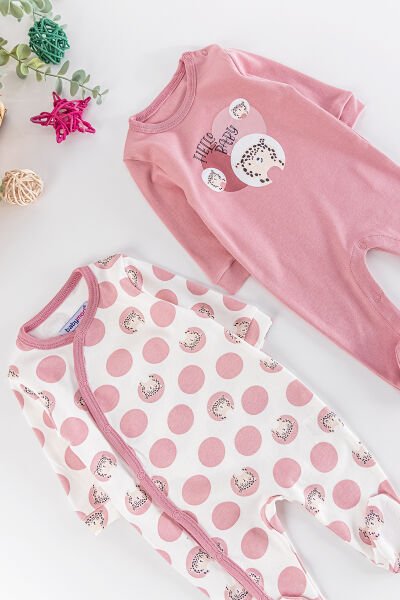 Leopar Figürlü Puantiyeli Uzun Kollu 2'li Kız Bebek Tulum Takım