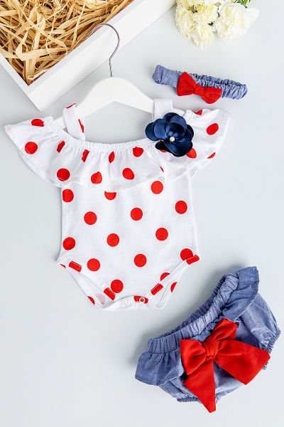 Puantiye Desenli Bandanalı Kız Bebek Tulum Takım LACİVERT - 3-6 AY