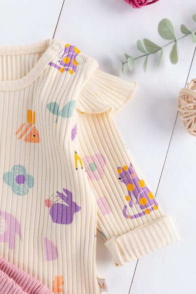 Fırfırlı Figürlü 2'li Kız Bebek Takım Alt Üst Bebek Pijama Takımı Gül kurusu - 3-6 AY