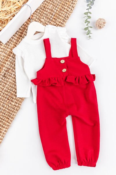Fırfırlı Düğmeli Kız Bebek Tulum Salopet Body Takım KIRMIZI -  9-12 AY