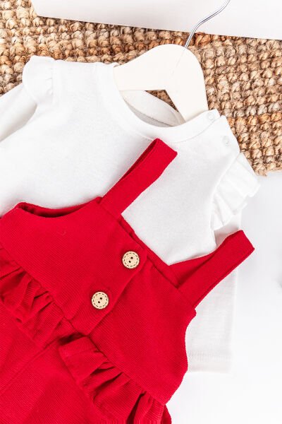 Fırfırlı Düğmeli Kız Bebek Tulum Salopet Body Takım KIRMIZI -  9-12 AY