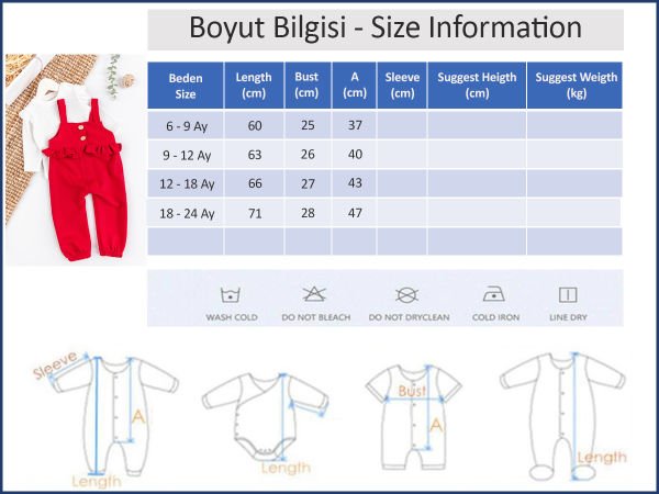 Fırfırlı Düğmeli Kız Bebek Tulum Salopet Body Takım KIRMIZI -  12-18 AY