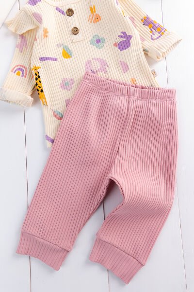 Fırfırlı Figürlü 2'li Kız Bebek Takım Alt Üst Bebek Pijama Takımı Gül kurusu -  9-12 AY