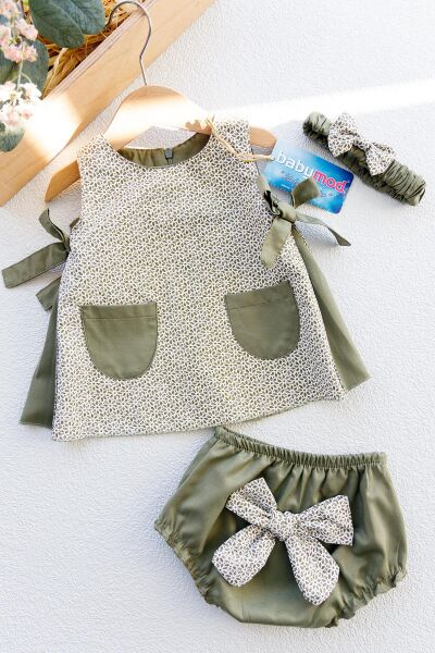 Çiçekli Kurdelalı Üçlü Set Kız Bebek Elbise