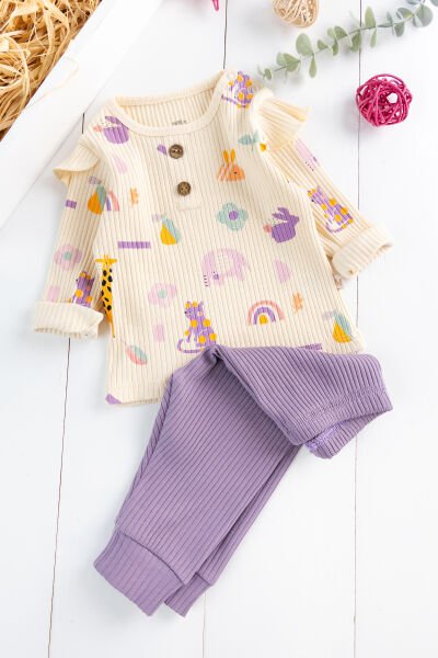 Fırfırlı Figürlü 2'li Kız Bebek Takım Alt Üst Bebek Pijama Takımı MOR -  0-3 AY