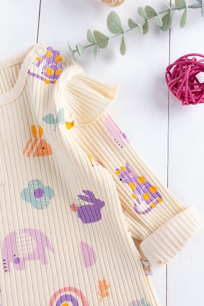 Fırfırlı Figürlü 2'li Kız Bebek Takım Alt Üst Bebek Pijama Takımı MOR -  0-3 AY