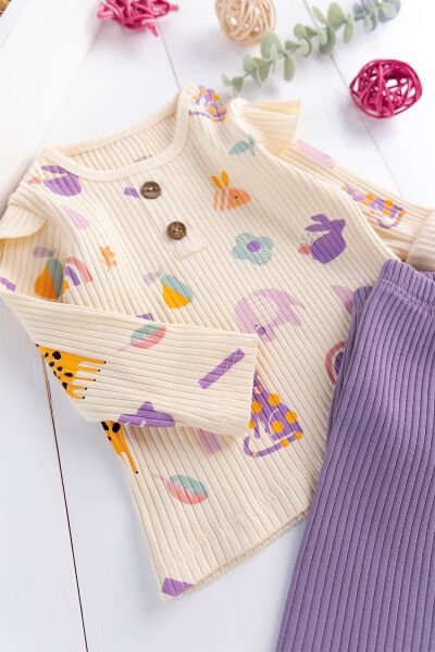 Fırfırlı Figürlü 2'li Kız Bebek Takım Alt Üst Bebek Pijama Takımı MOR -  0-3 AY