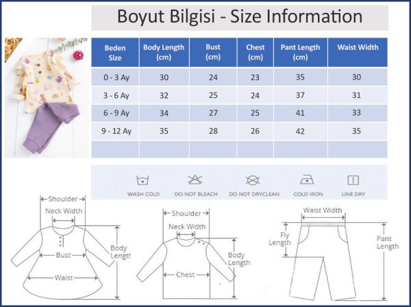 Fırfırlı Figürlü 2'li Kız Bebek Takım Alt Üst Bebek Pijama Takımı MOR -  0-3 AY