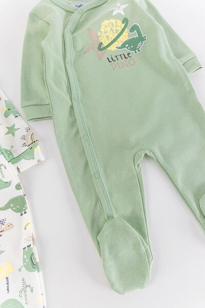 Dino Figürlü Uzun Kollu 2'li Erkek Bebek Tulum Takım YEŞİL - 3-6 AY