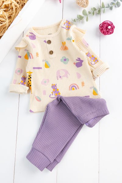 Fırfırlı Figürlü 2'li Kız Bebek Takım Alt Üst Bebek Pijama Takımı MOR - 3-6 AY