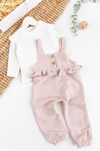 Fırfırlı Düğmeli Kız Bebek Tulum Salopet Body Takım PUDRA -  9-12 AY