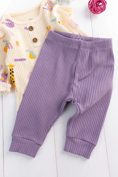 Fırfırlı Figürlü 2'li Kız Bebek Takım Alt Üst Bebek Pijama Takımı MOR -  6-9 AY