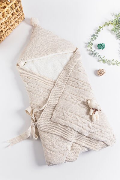 Ayıcık Figürlü Peluş Welsoft Kundak Bebek Battaniye BEJ -  Tek Ebat